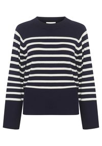 Marinblå tröja med vita horisontella ränder; har rund hals och långa ärmar, designad för en avslappnad passform.