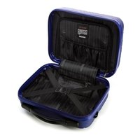 Hartschalenkoffer in glänzendem Blau, mit einem Reißverschluss-Innenraum aus schwarzem Stoff, Fächern und Gurten zur Sicherung der Gegenstände.