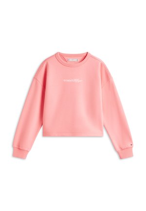 Vaaleanpunaisesta pehmeästä kankaasta valmistettu lyhyt collegepaita. Siinä on resorikaulus ja hihansuut sekä valkoinen "TOMMY HILFIGER" -logo edessä. Yksinkertainen muotoilu.