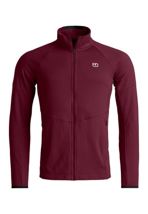 Maroon full-zip lightweight jacket with high collar, long sleeves, two side pockets, and small white logo on left chest.