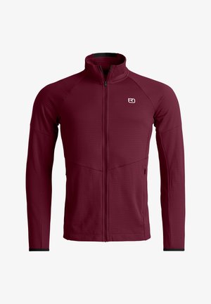 Maroon full-zip lightweight jacket with high collar, long sleeves, two side pockets, and small white logo on left chest.