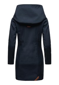 Navy blue waterproof coat with a large hood, sleek design, and a logo embossed on the collar; features a contrasting leather label at the hem.