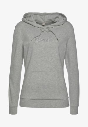 Sweat à capuche pour femme de couleur gris clair avec poche avant, capuche à cordon de serrage, et "Bench" brodé en blanc cursif sur la poitrine.