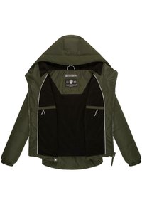 Groene gewatteerde jas met een verstelbare capuchon, zwarte fleece voering, witte piping details en meerdere interne zakken. Eenvoudige buitenkant.