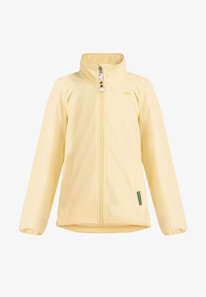 Sárga softshell dzseki magas gallérral, elülső cipzárral, oldalsó zsebekkel és egy kis logóval. Simára kidolgozott textúra és könnyű kialakítás.