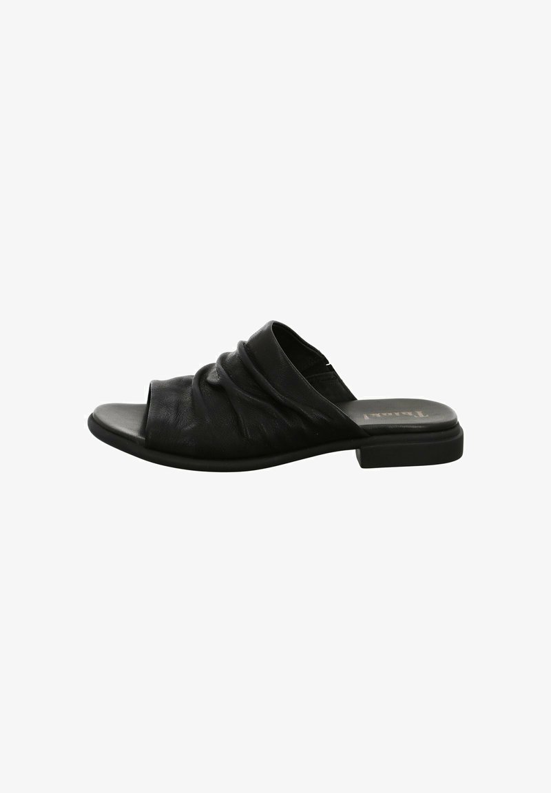Black slide sandal made of textured leather, featuring a ruched upper, open toe, and a low block heel. Simple design with smooth edges.