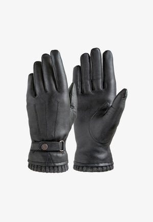 Czarne skórzane rękawiczki z żeberkowym mankietem, ozdobione metalowym klamrą i trzema przeszytymi liniami z tyłu dla detalu. Gładka faktura.