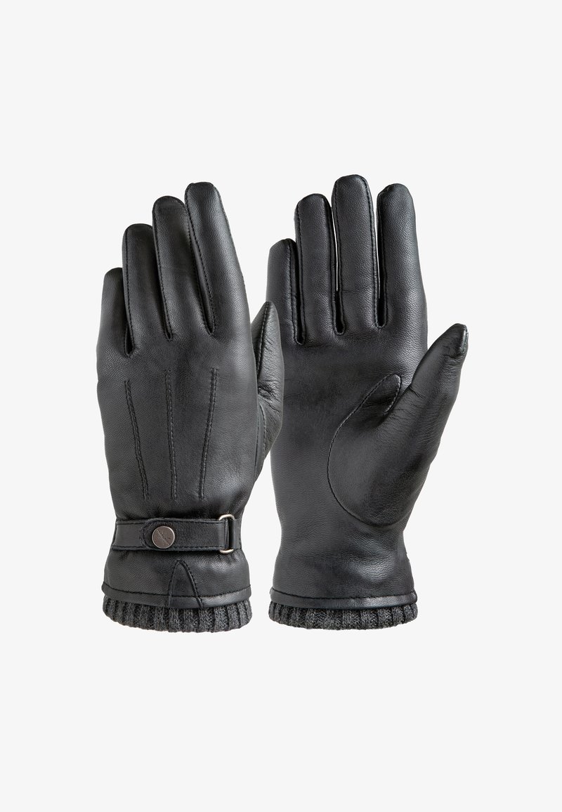 Crne kožne rukavice s rebrastim rukavom od tkanine, ukrašene metalnom kopčom i tri šivane linije na stražnjoj strani za dodatne detalje. Glatka tekstura.