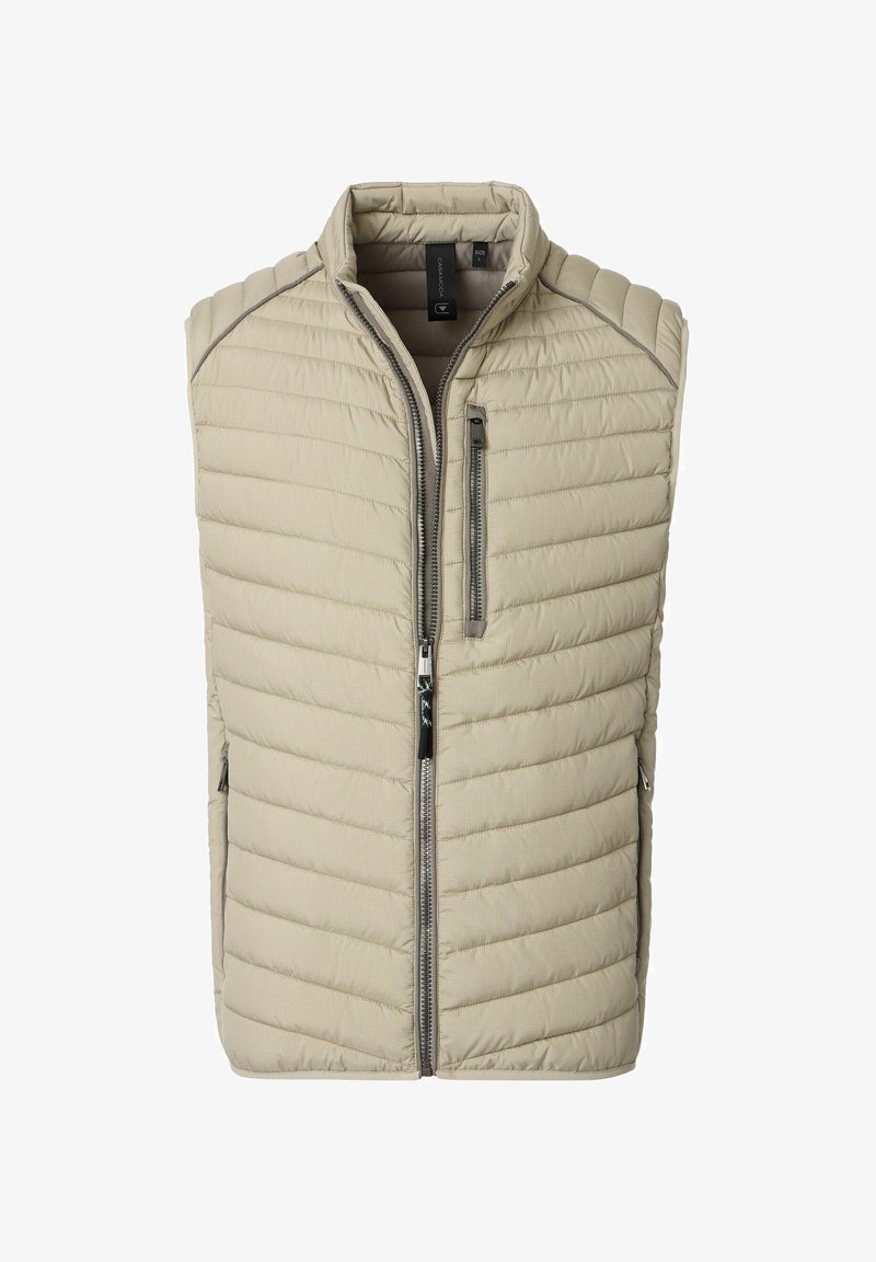 Beige isolierte Weste mit horizontalem Steppmuster, hohem Kragen, durchgehendem Reißverschluss und zwei seitlichen Taschen. Strukturierte Stoffoberfläche.