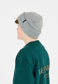 Grijze gebreide beanie met een ribbeltextuur, met een omgeslagen boord en een klein zwart label. G gedragen met een groene sweatshirt.