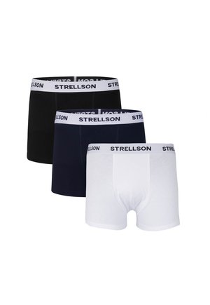 Drie paar stretch katoenen boxershorts. Kleuren: zwart, marineblauw en wit. Elk heeft een witte tailleband met het "STRELLSON" logo.