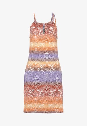 Sleeveless dress featuring a gradient paisley pattern in orange, purple, and white. Made of lightweight fabric with adjustable straps.