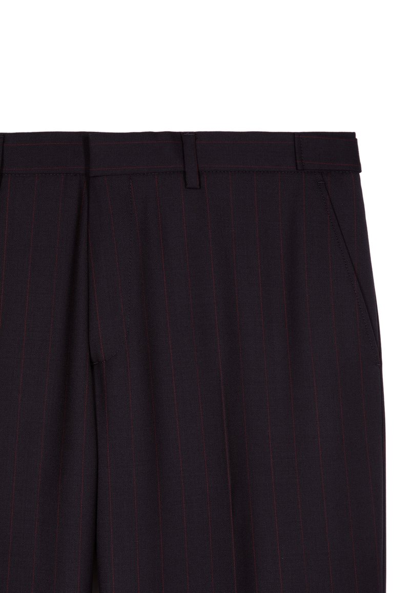 Dark navy trousers with vertical red pinstripes, tailored fit, featuring a flat front and side pockets, crafted from a smooth fabric.