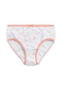 Bragas blancas para mujer con ribete rosa, pequeñas flores azules, corazones rojos y patrones de texto repetido "tómate tu tiempo", además de un pequeño lazo rosa en la cinturilla.