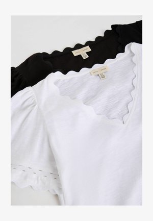 Juodos ir baltos trumpomis rankovėmis palaidinės su banguotais kraštais ir pūstomis rankovėmis, pažymėtos "Love & Roses" UK 10 dydžio.