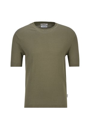 Olivgrünes Kurzarm-Baumwoll-T-Shirt mit Rundhalsausschnitt und kleinem weißem Seitenetikett auf schlicht weißem Hintergrund.