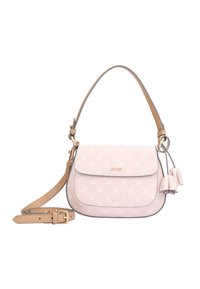 Light pink shoulder bag with a textured finish, gold hardware, and logo. Features a flap closure and decorative tassels on the side.