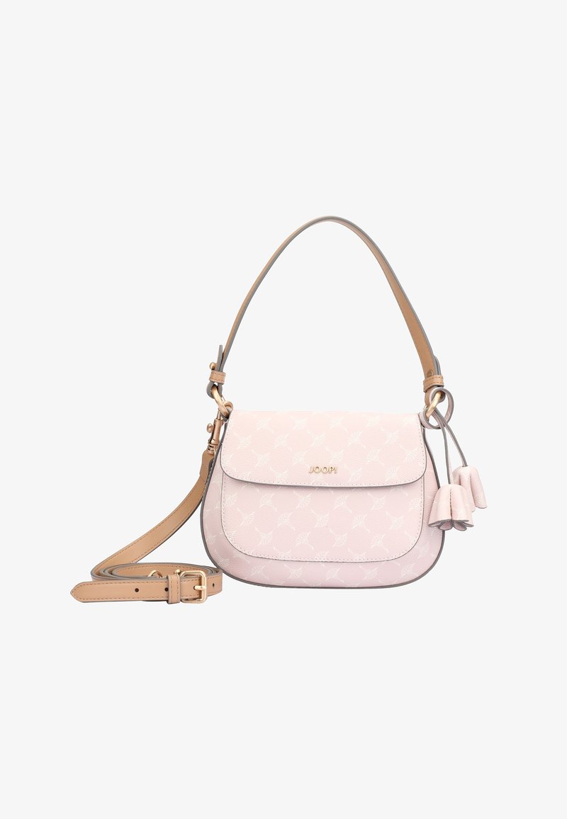 Light pink shoulder bag with a textured finish, gold hardware, and logo. Features a flap closure and decorative tassels on the side.