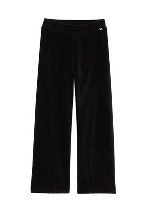 Schwarze Cordstoff-Hosen mit weitem Bein, elastischem Bund und kleinem weißen Logotag oben rechts.