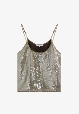 Top sin mangas de lentejuelas plateadas con tirantes delgados ajustables y escote en forma de U, diseñado para un aspecto brillante y festivo.