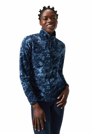 Dunkelblaues Fleece-Jacke mit hohem Kragen und Reißverschluss vorne. Verfügt über ein strukturiertes, marmoriertes Muster. Lange Ärmel mit enganliegenden Bündchen.
