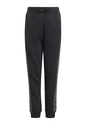 Black tapered sweatpants with elastic waistband and drawstring, ribbed ankle cuffs, side stripes with logos, and small embroidered logo on thigh.
