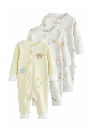 Three baby sleepsuits in soft yellow and white, featuring animal and nature-themed prints, with front zippers and long sleeves.