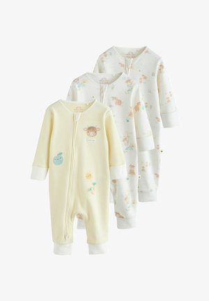 Three baby sleepsuits in soft yellow and white, featuring animal and nature-themed prints, with front zippers and long sleeves.