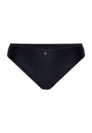 Black bikini bottom with subtle horizontal stripes and a small metallic cross charm centered on the waistband.