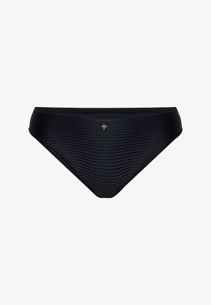 Black bikini bottom with subtle horizontal stripes and a small metallic cross charm centered on the waistband.