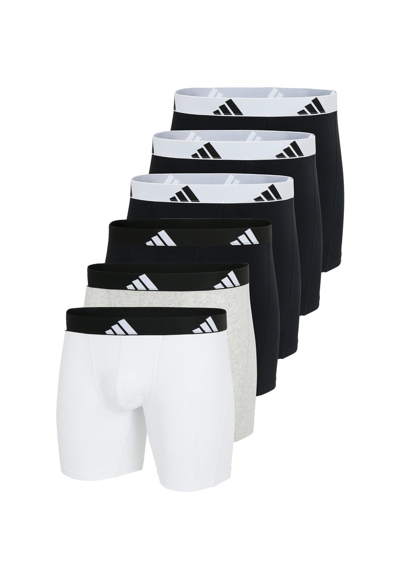 Set med sex boxerkalsonger i en blandning av svart, vit och grå färg. Varje kalsong har en märkesetsad elastisk midjeband med diagrala ränder.