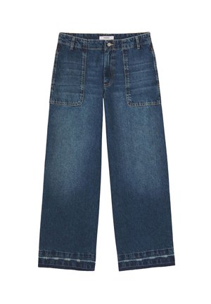 Jean en denim à jambes larges de couleur bleu foncé. Comprend de grandes poches avant, des coutures contrastées et une texture légèrement délavée. Sans ornements.
