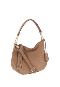 Brown suede handbag with a curved shape, gold hardware accents, and a detachable strap. Includes a side zipper pocket and leather tag.