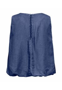 Haut sans manches en lin bleu avec une fermeture éclair au dos et un ourlet ample et froncé, présenté sur fond blanc.