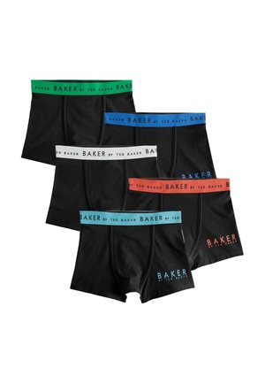 Shorts en coton noir avec des ceintures élastiques colorées en vert, bleu, blanc, rouge et noir, arborant la marque "BAKER by TED BAKER".