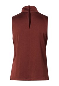 Top marron foncé sans manches avec un col montant et une découpe verticale en forme de goutte dans le dos.