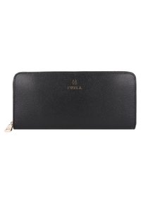 Black leather wallet with a textured surface and gold branding. Features a zip closure and a sleek, elongated rectangular shape.