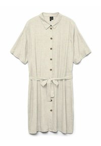 Kortärmad skjortklänning i ljusbeige linne, med krage, knappslå fram och matchande midjeband för justering.