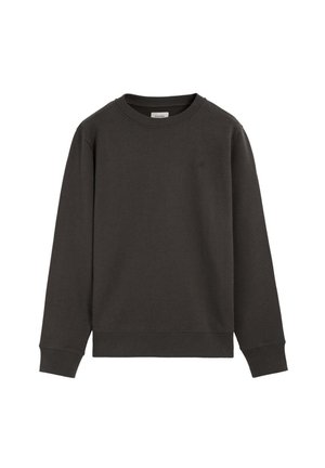 Long-sleeve black crew neck sweatshirt with ribbed cuffs and hem, plain design, and small logo on the chest.