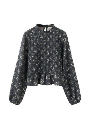 Blouse noire à manches longues avec corsage froncé, motif floral, ourlet à volants et décolleté rond avec fermeture à bouton trou à l'arrière.