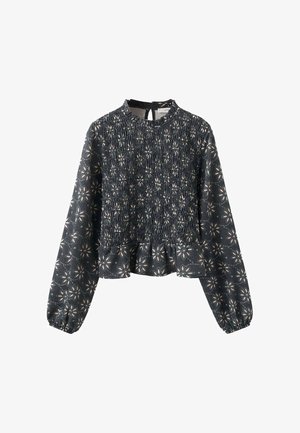 Blouse noire à manches longues avec corsage froncé, motif floral, ourlet à volants et décolleté rond avec fermeture à bouton trou à l'arrière.