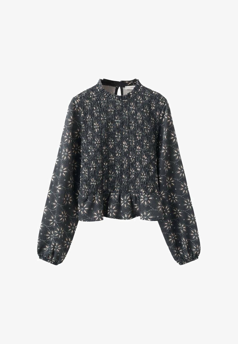 Crna bluza s dugim rukavima, bodicom na nabore, cvjetnim uzorkom, naboranim rubom i okruglim izrezom s gumbom na stražnjoj strani.