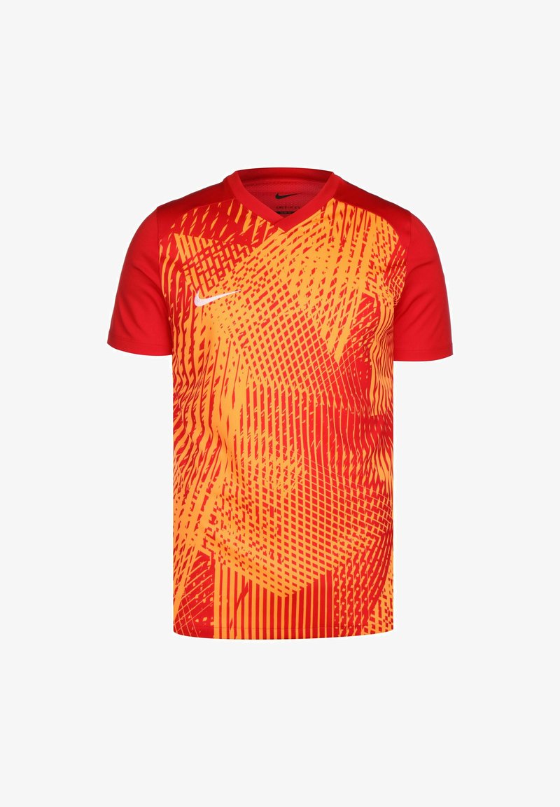 Maglia Nike rossa e arancione con scollatura a V, caratterizzata da un motivo dinamico di linee e griglie, realizzata in tessuto leggero.