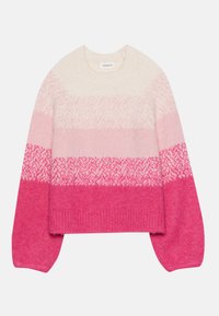 Strickpullover mit einem Verlauf von Creme, Rosa und Fuchsia, mit strukturierten Mustern und weiten Ärmeln. Rundhalsausschnitt, kurze Passform.
