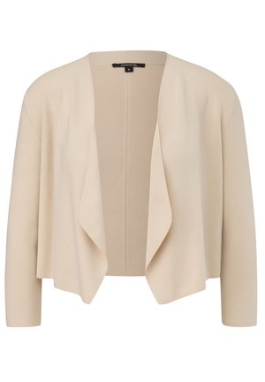 Beige, offenes Cardigan mit Dreiviertelärmeln, gerippter Textur und subtilen Nahtdetails auf der Rückseite. Leichtes Strickmaterial.