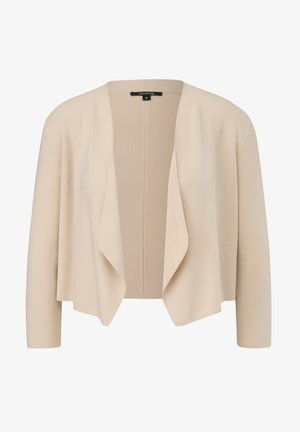 Beige, offenes Cardigan mit Dreiviertelärmeln, gerippter Textur und subtilen Nahtdetails auf der Rückseite. Leichtes Strickmaterial.