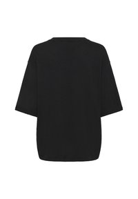 Sort oversized t-shirt med korte ærmer, rund halsudskæring og en løs pasform. Glat tekstur uden synlige mønstre eller udsmykninger.