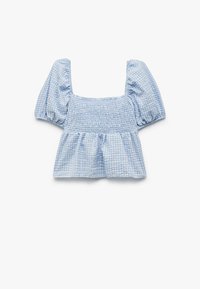 Hellbluse Karobluse mit quadratischem Ausschnitt, kurzen Puffärmeln und gerafftem Oberteil, mit ausgestelltem Saum. Aus strukturiertem Baumwollmaterial.