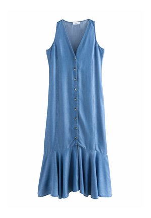 Light blue denim dress with a V-neck, sleeveless design, front button closure, and a flared ruffle hem. Smooth texture, casual style.