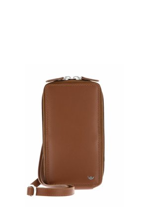 Braune Leder-Umhängetasche für das Handy mit silbernem Reißverschluss und kleinem Metalllogo in der unteren rechten Ecke.